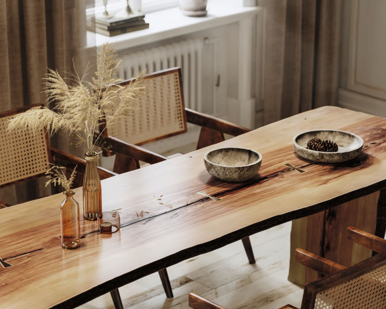 Modern, bohemian living room with rustic dining room and chairs.