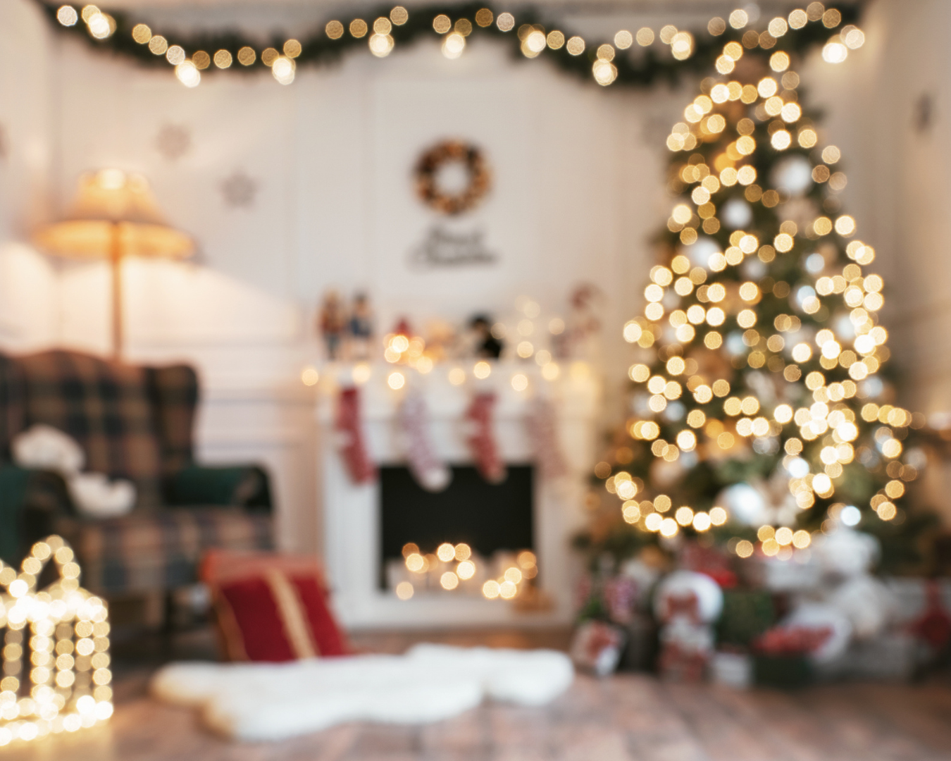 Out of focus image of beautiful living room with Christmas decor.