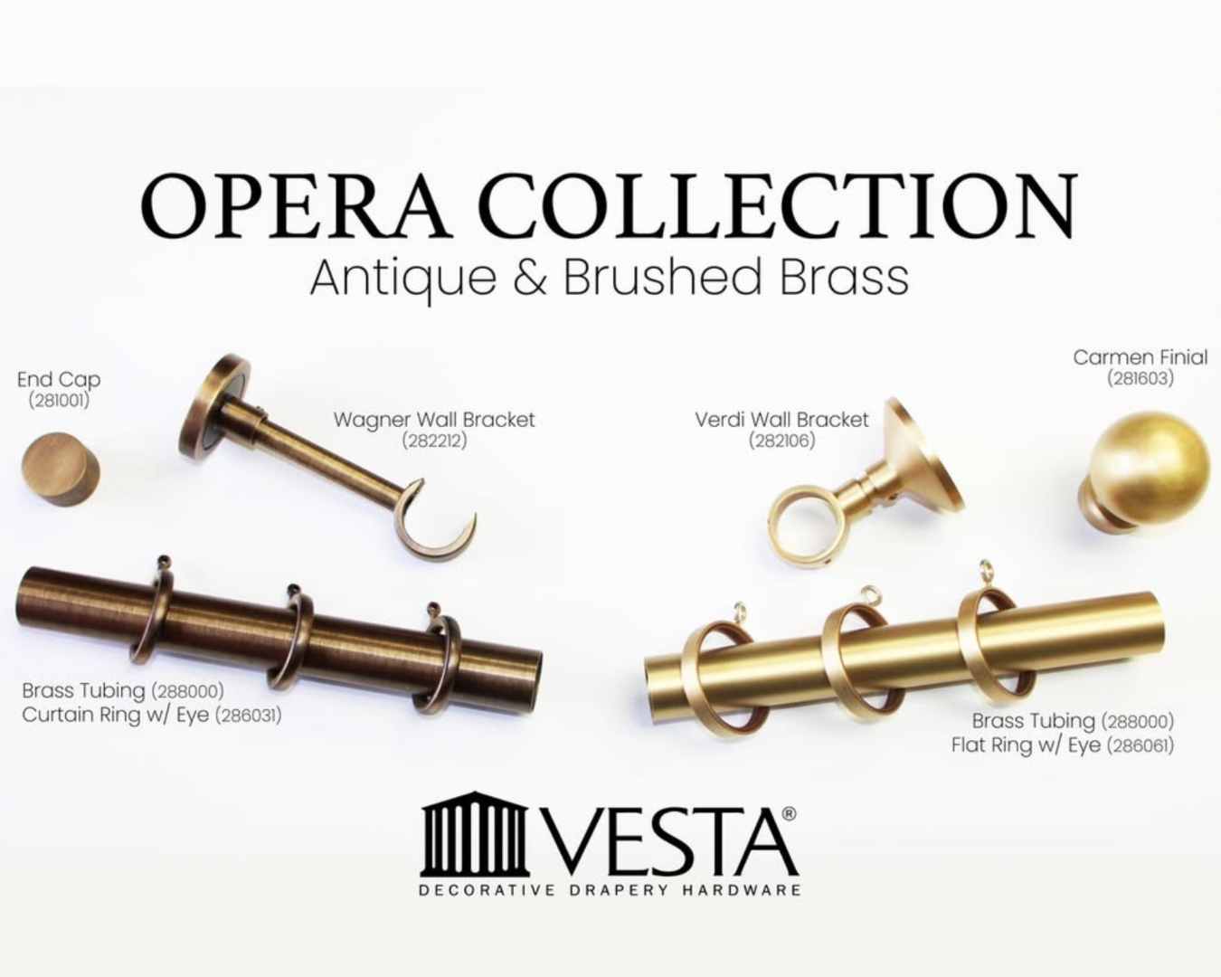 Flat lay of Opera collection featuring antique & brushed brass finishes.