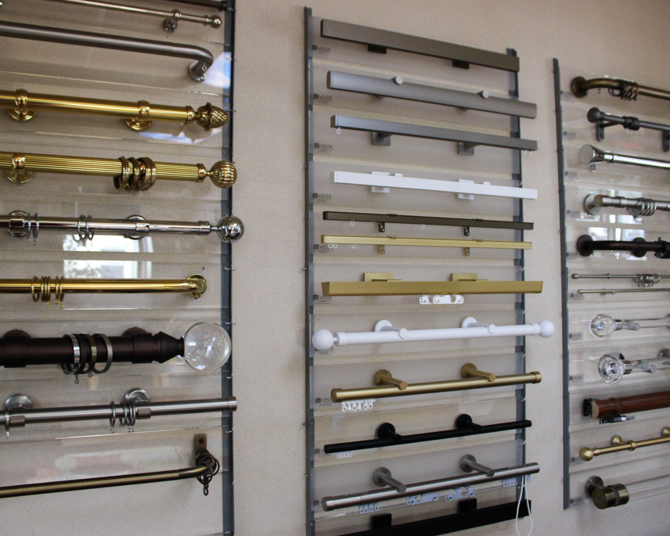 Display of various rods from Vesta in various finishes.